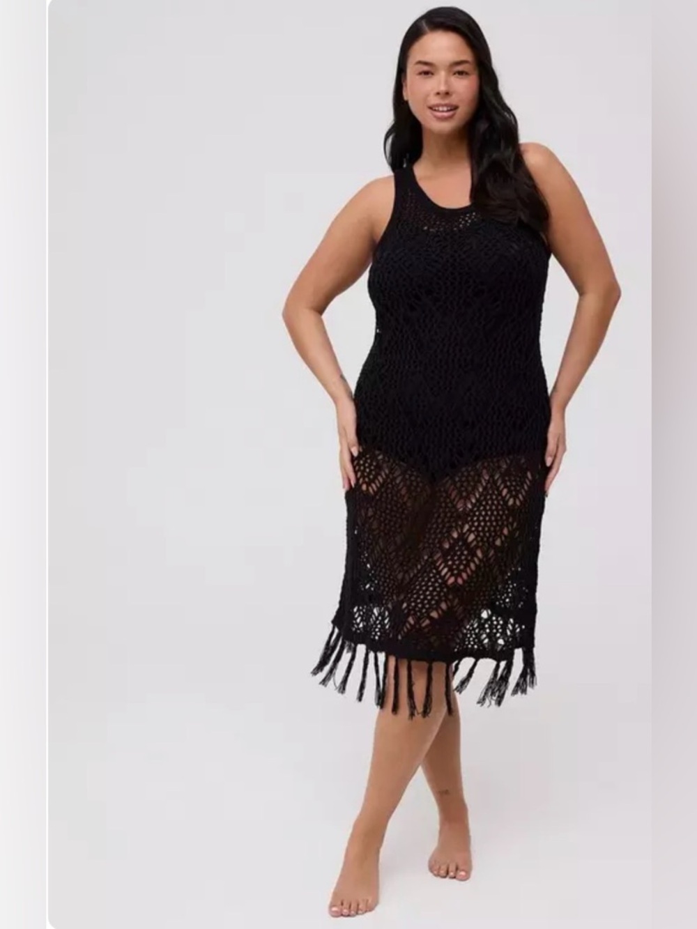 Torrid Black Crochet Beach Cover-Up Dress - Women's Swim fringe